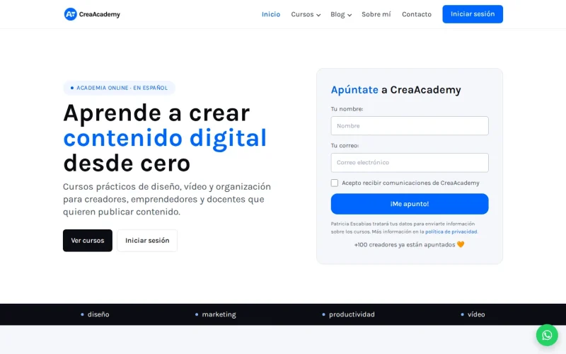 Captura de la web de CreaAcademy
