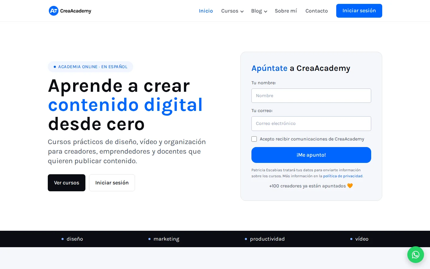 Captura de la web de CreaAcademy